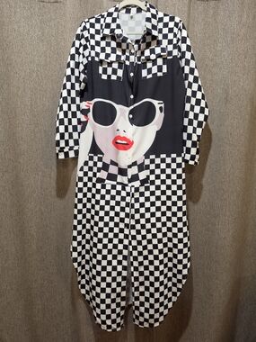 Black & White Checkerboard Shirt Dress with Graphic Face